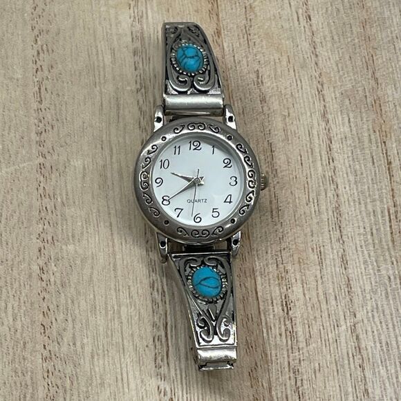 Vintage Accutime Quartz Silver Tone Band Women's Watch Turquoise Stretch Wrist - Picture 1 of 8